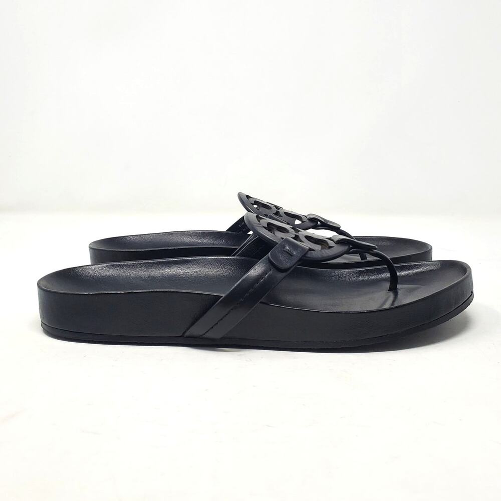 Tory Burch Miller Cloud Thong Sandals Calf Leather Perfect Black Logo Size 9.5 M - Picture 3 of 10